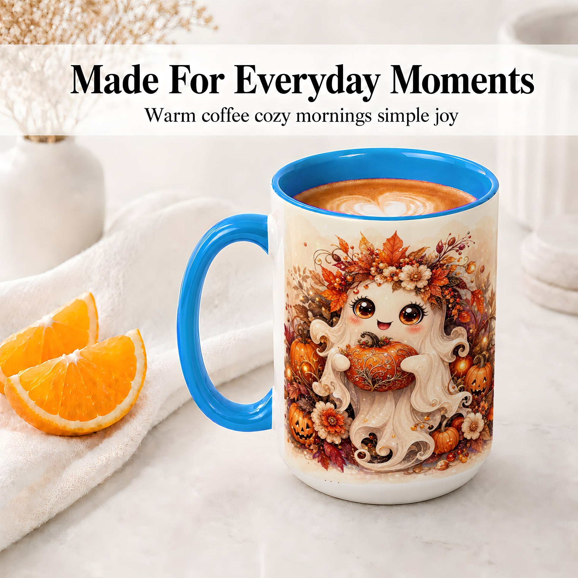 #pl[15oz|Blue] Cute Halloween Ghost Accent Mug, Ceramic Mug with Pumpkin Artwork