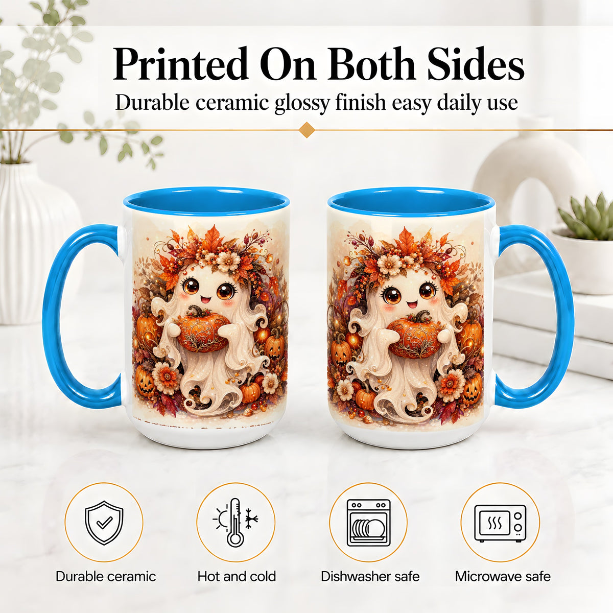 #pl[15oz|Blue] Cute Halloween Ghost Accent Mug, Ceramic Mug with Pumpkin Artwork