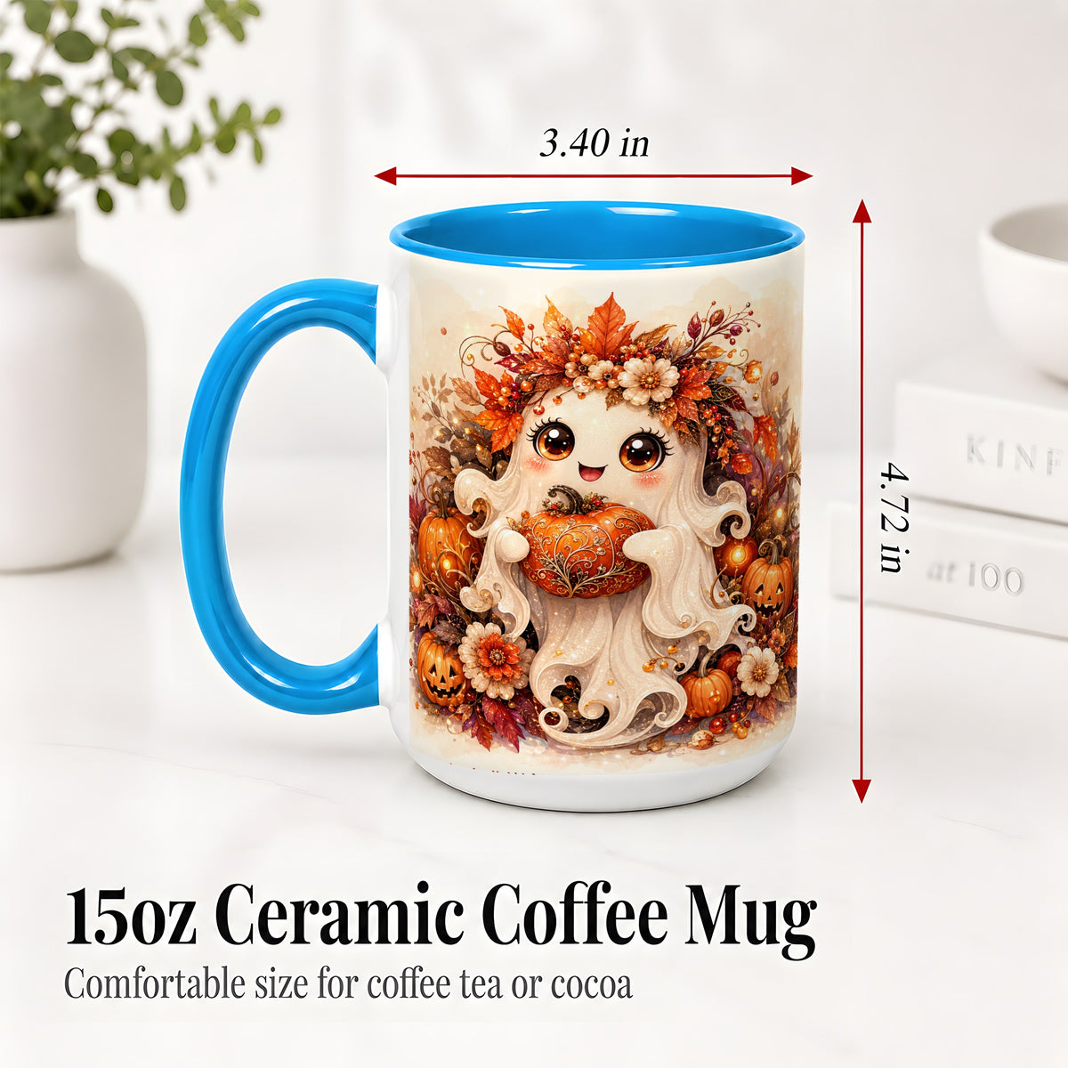 #pl[15oz|Blue] Cute Halloween Ghost Accent Mug, Ceramic Mug with Pumpkin Artwork