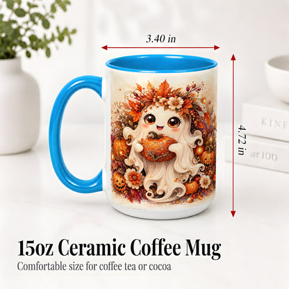 #pl[15oz|Blue] Cute Halloween Ghost Accent Mug, Ceramic Mug with Pumpkin Artwork