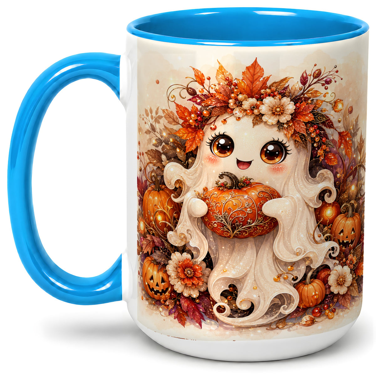 #pl[15oz|Blue] Cute Halloween Ghost Accent Mug, Ceramic Mug with Pumpkin Artwork