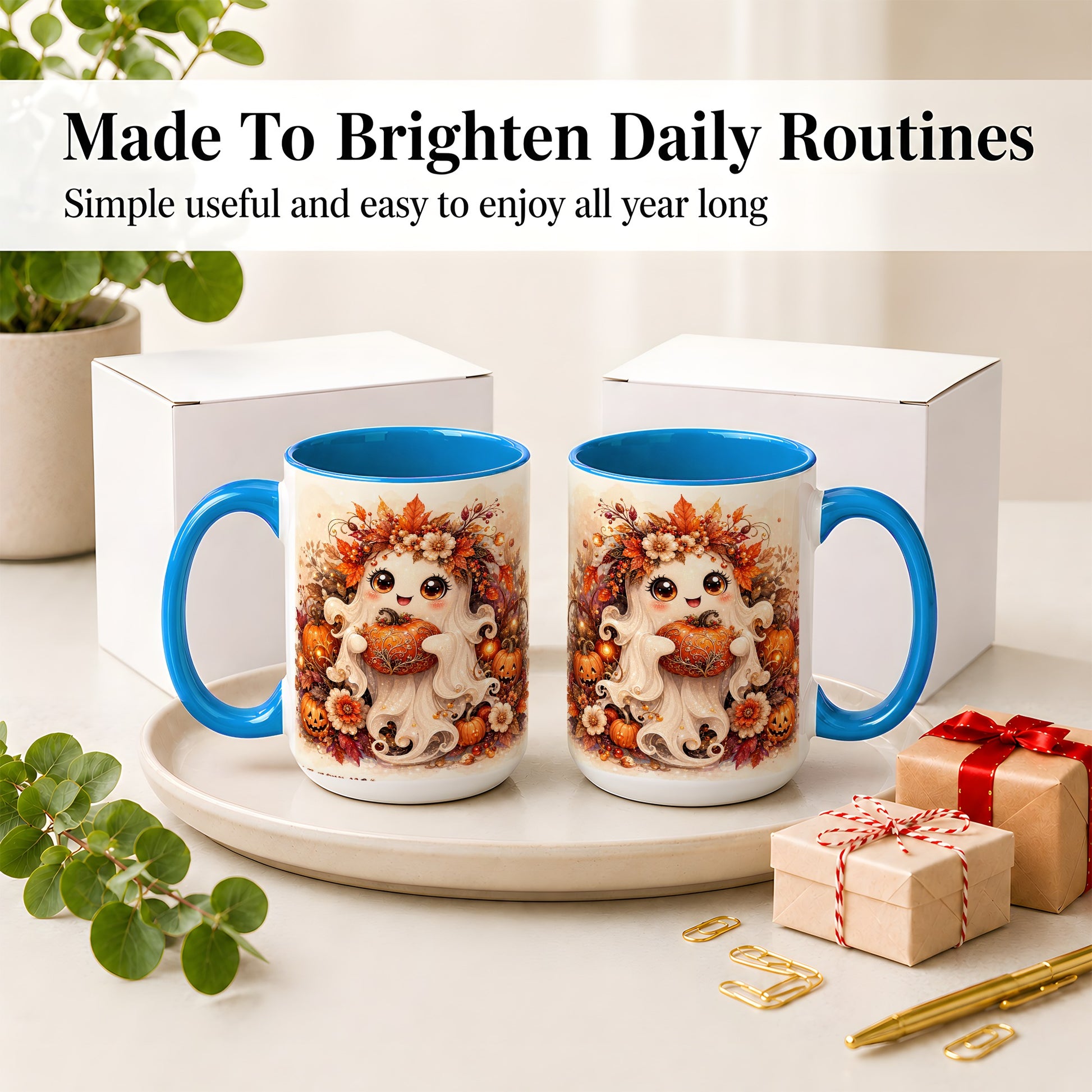 #pl[15oz|Blue] Cute Halloween Ghost Accent Mug, Ceramic Mug with Pumpkin Artwork