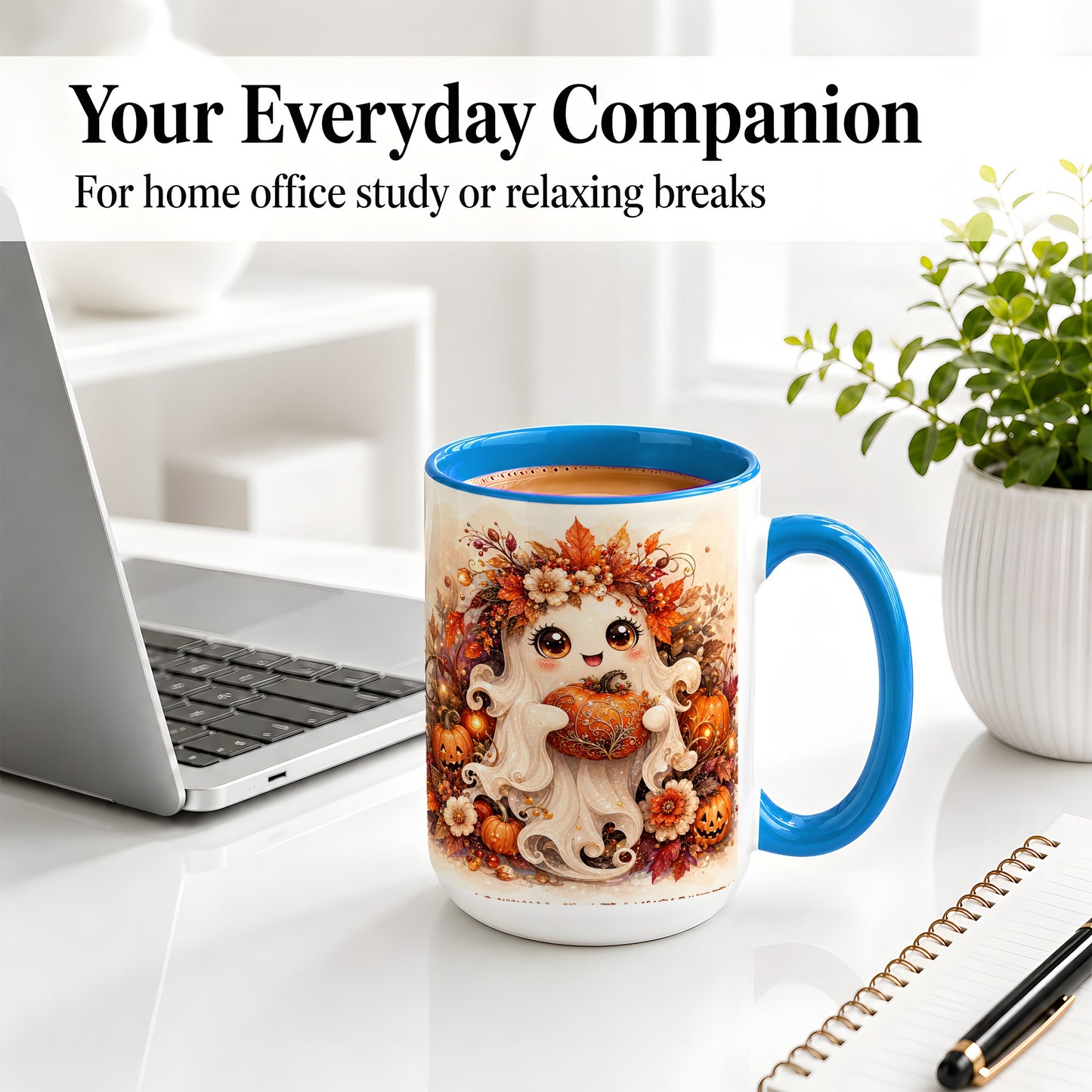 #pl[15oz|Blue] Cute Halloween Ghost Accent Mug, Ceramic Mug with Pumpkin Artwork