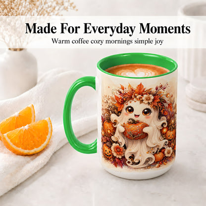 #pl[15oz|Green] Cute Halloween Ghost Accent Mug, Ceramic Mug with Pumpkin Artwork