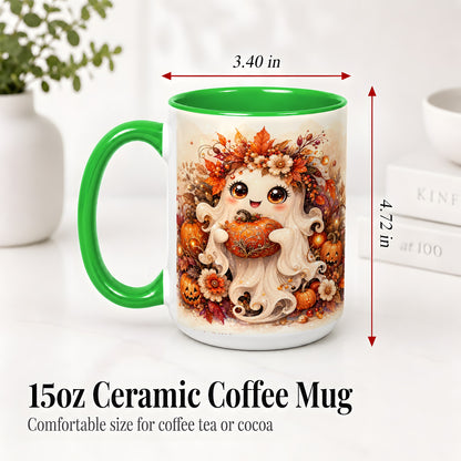 #pl[15oz|Green] Cute Halloween Ghost Accent Mug, Ceramic Mug with Pumpkin Artwork