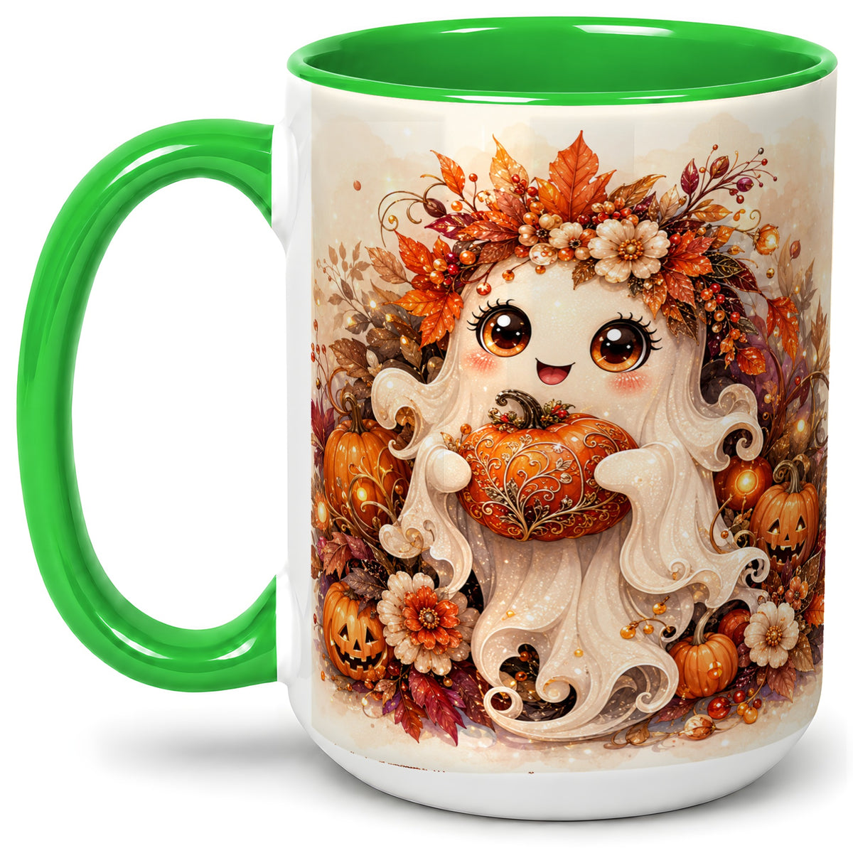 #pl[15oz|Green] Cute Halloween Ghost Accent Mug, Ceramic Mug with Pumpkin Artwork
