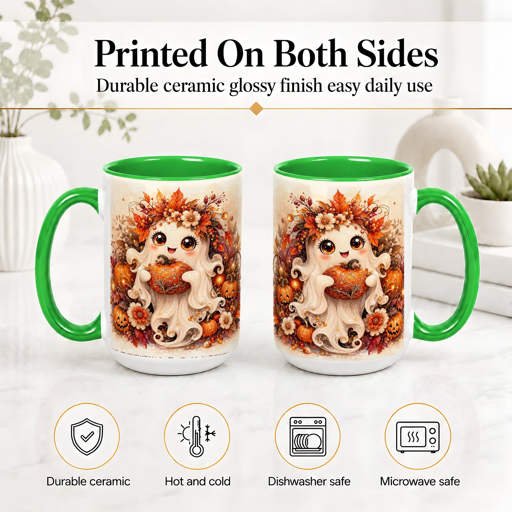 #pl[15oz|Green] Cute Halloween Ghost Accent Mug, Ceramic Mug with Pumpkin Artwork