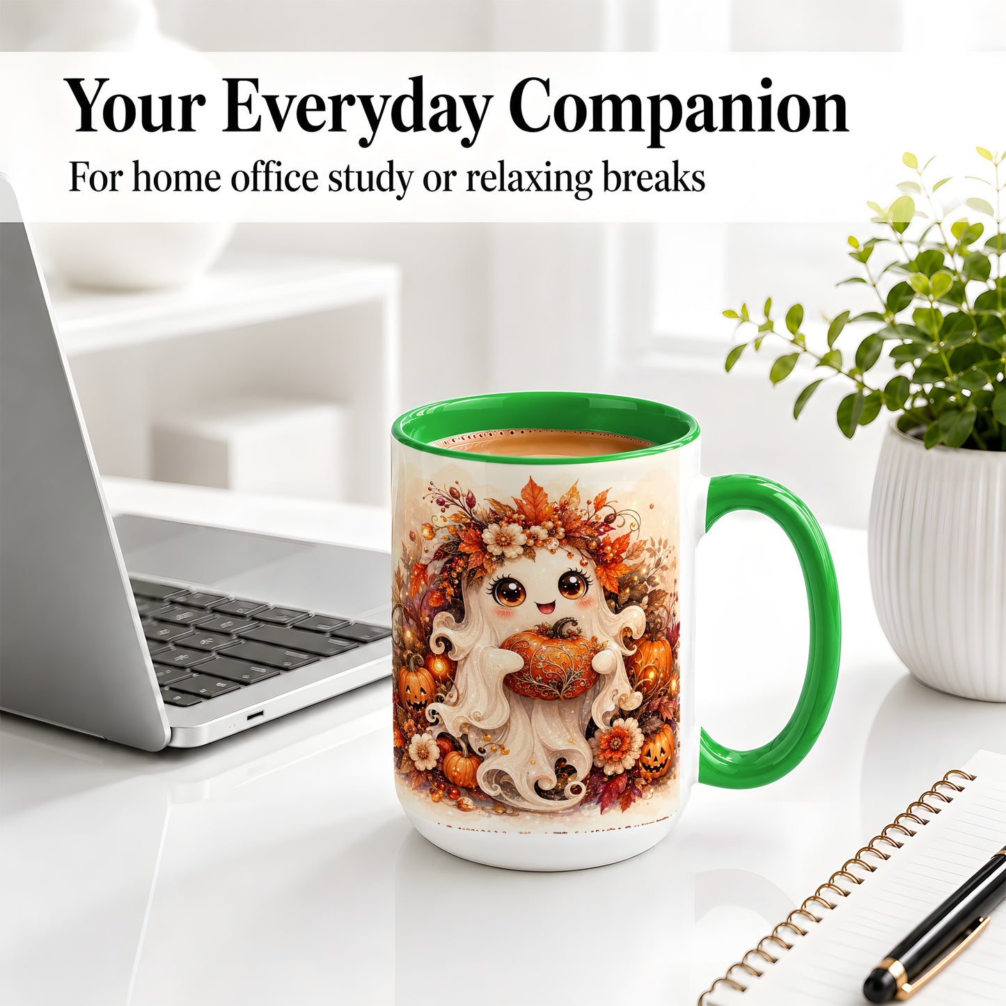 #pl[15oz|Green] Cute Halloween Ghost Accent Mug, Ceramic Mug with Pumpkin Artwork