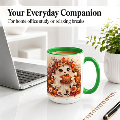#pl[15oz|Green] Cute Halloween Ghost Accent Mug, Ceramic Mug with Pumpkin Artwork