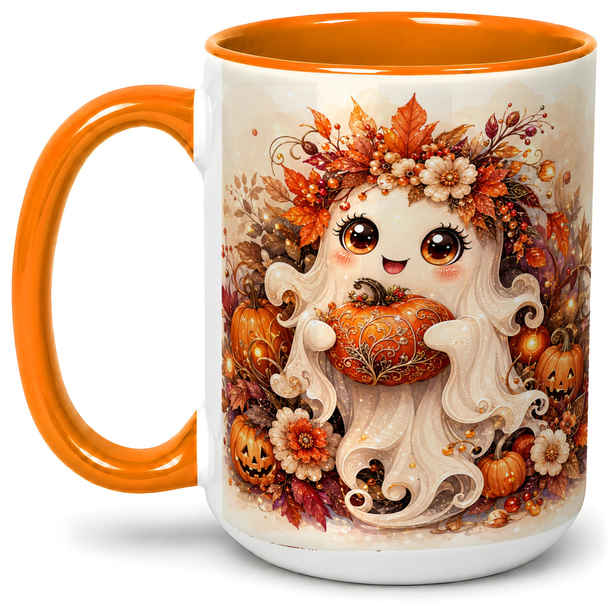 #pl[15oz|Orange] Cute Halloween Ghost Accent Mug, Ceramic Mug with Pumpkin Artwork