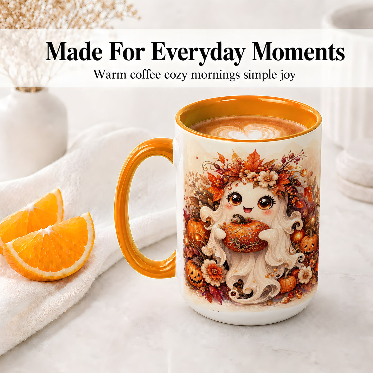 #pl[15oz|Orange] Cute Halloween Ghost Accent Mug, Ceramic Mug with Pumpkin Artwork