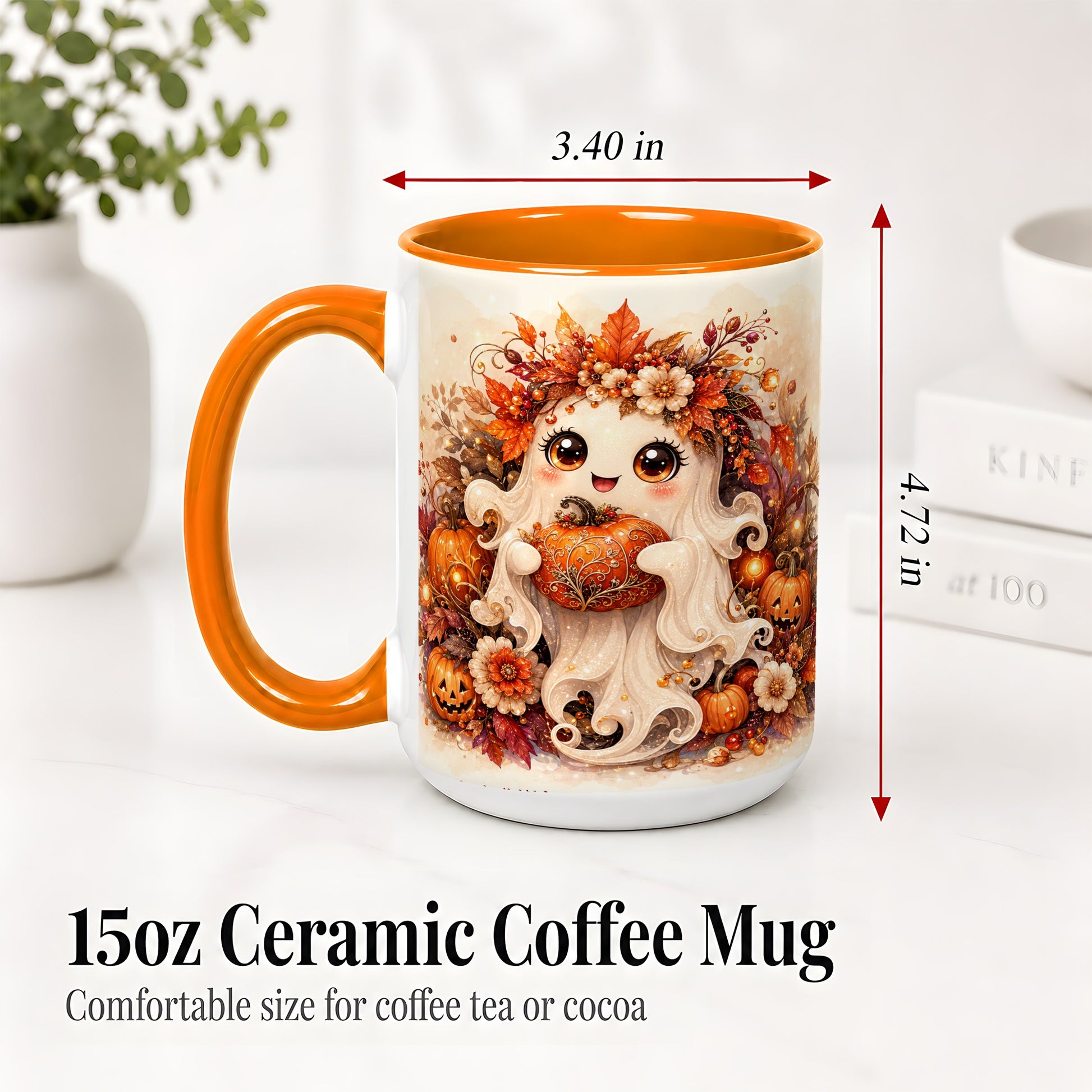 #pl[15oz|Orange] Cute Halloween Ghost Accent Mug, Ceramic Mug with Pumpkin Artwork