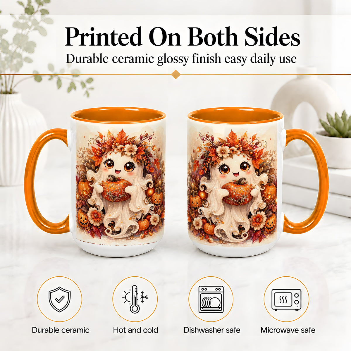 #pl[15oz|Orange] Cute Halloween Ghost Accent Mug, Ceramic Mug with Pumpkin Artwork