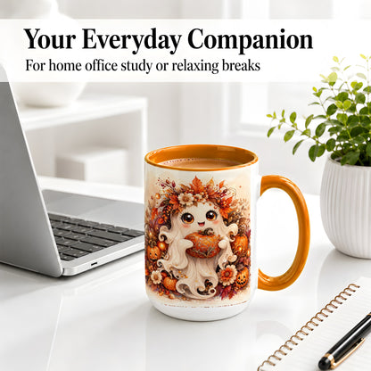 #pl[15oz|Orange] Cute Halloween Ghost Accent Mug, Ceramic Mug with Pumpkin Artwork