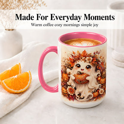 #pl[15oz|Pink] Cute Halloween Ghost Accent Mug, Ceramic Mug with Pumpkin Artwork