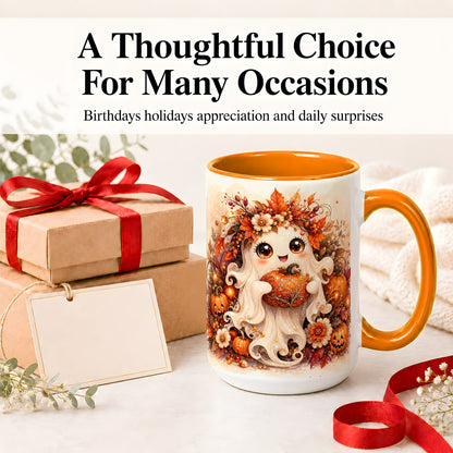 #pl[15oz|Orange] Cute Halloween Ghost Accent Mug, Ceramic Mug with Pumpkin Artwork