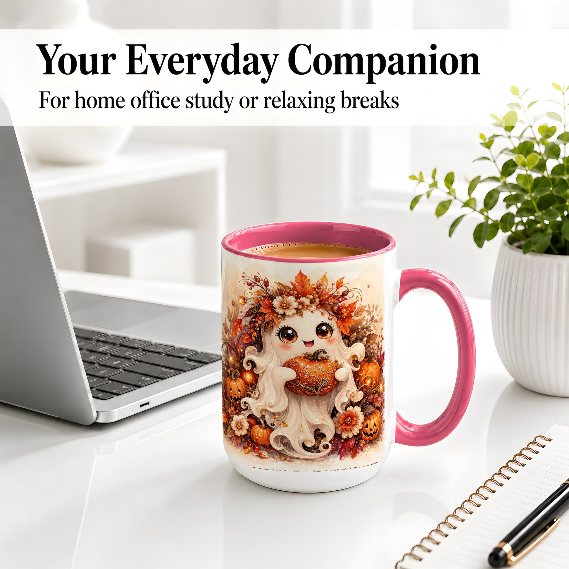 #pl[15oz|Pink] Cute Halloween Ghost Accent Mug, Ceramic Mug with Pumpkin Artwork