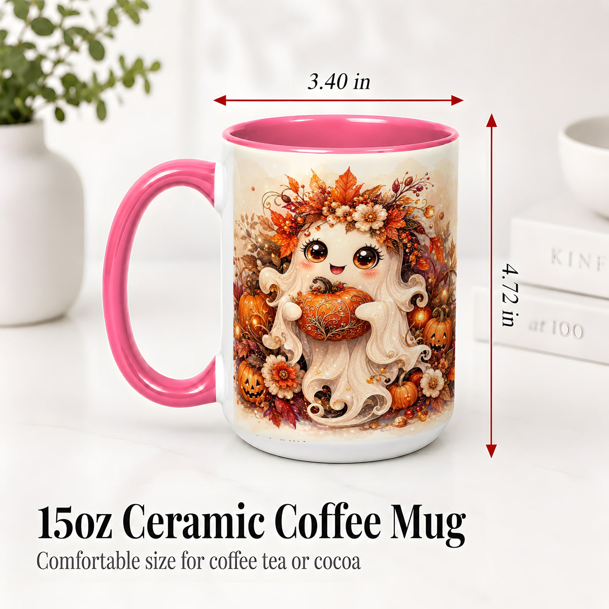 #pl[15oz|Pink] Cute Halloween Ghost Accent Mug, Ceramic Mug with Pumpkin Artwork