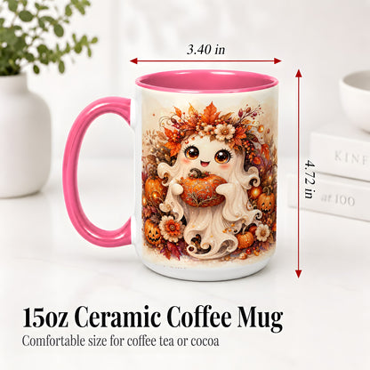 #pl[15oz|Pink] Cute Halloween Ghost Accent Mug, Ceramic Mug with Pumpkin Artwork