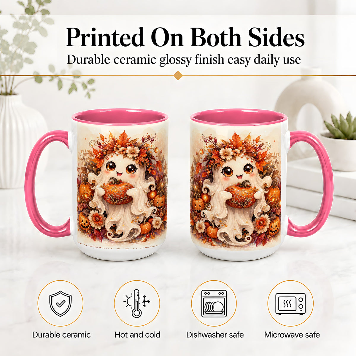 #pl[15oz|Pink] Cute Halloween Ghost Accent Mug, Ceramic Mug with Pumpkin Artwork