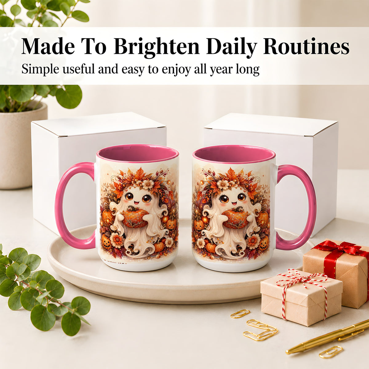 #pl[15oz|Pink] Cute Halloween Ghost Accent Mug, Ceramic Mug with Pumpkin Artwork