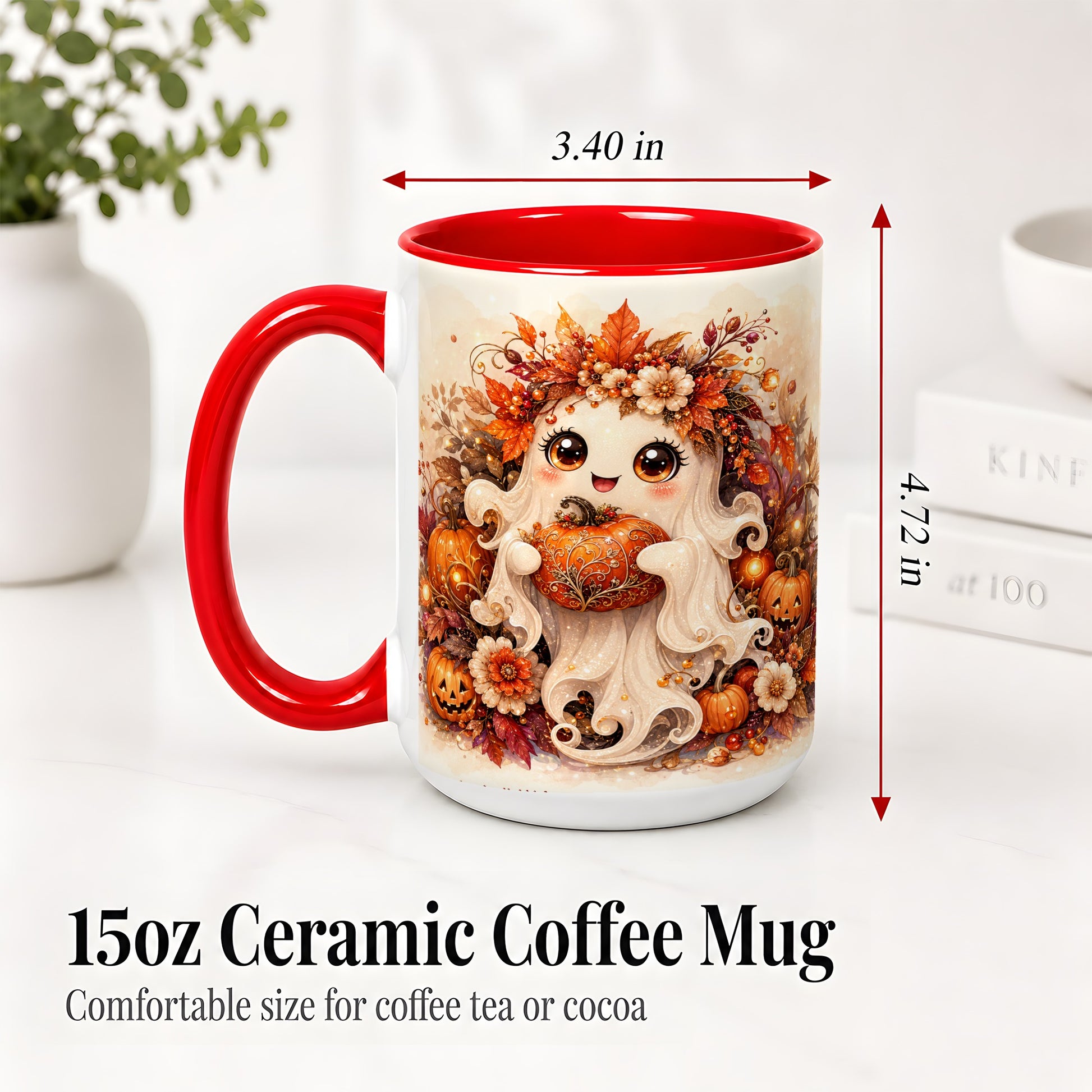 #pl[15oz|Red] Cute Halloween Ghost Accent Mug, Ceramic Mug with Pumpkin Artwork