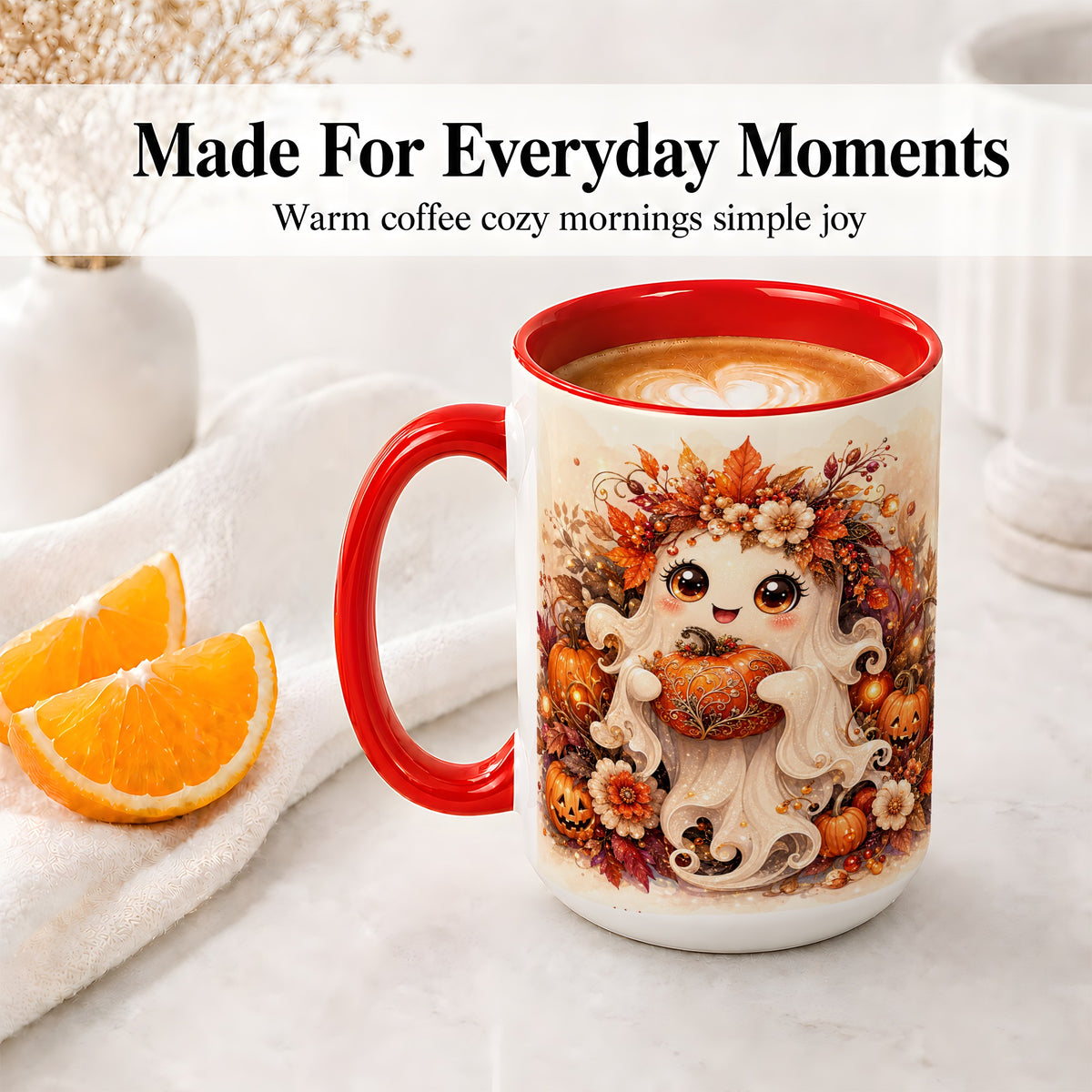 #pl[15oz|Red] Cute Halloween Ghost Accent Mug, Ceramic Mug with Pumpkin Artwork