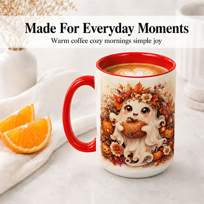 #pl[15oz|Red] Cute Halloween Ghost Accent Mug, Ceramic Mug with Pumpkin Artwork