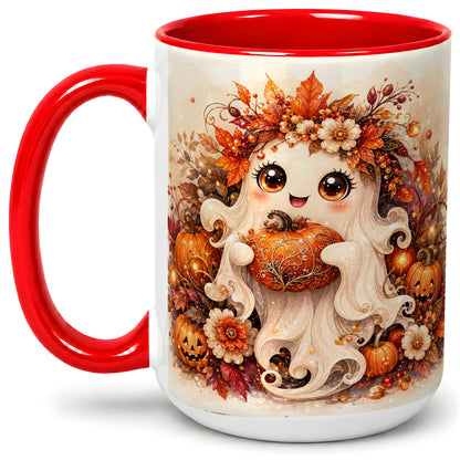 #pl[15oz|Red] Cute Halloween Ghost Accent Mug, Ceramic Mug with Pumpkin Artwork