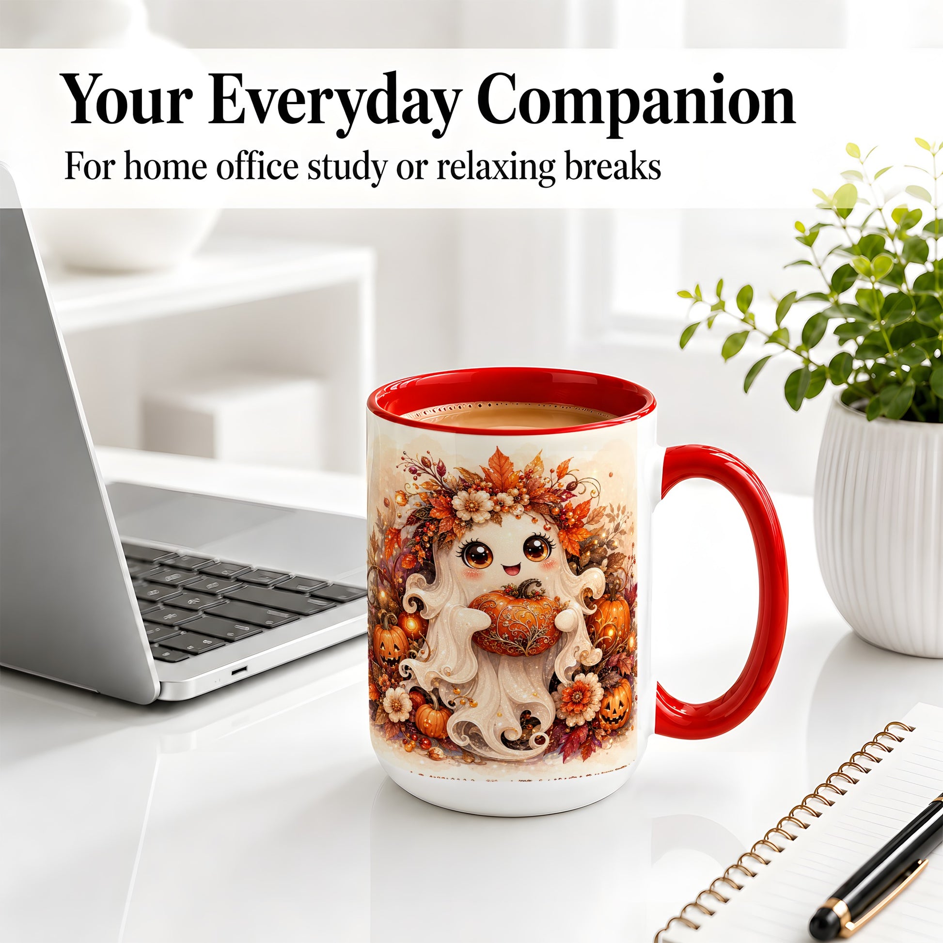#pl[15oz|Red] Cute Halloween Ghost Accent Mug, Ceramic Mug with Pumpkin Artwork