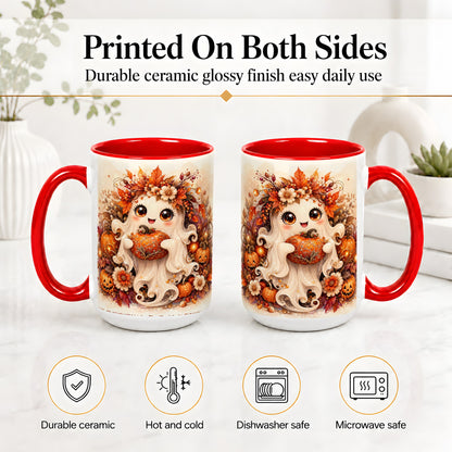 #pl[15oz|Red] Cute Halloween Ghost Accent Mug, Ceramic Mug with Pumpkin Artwork