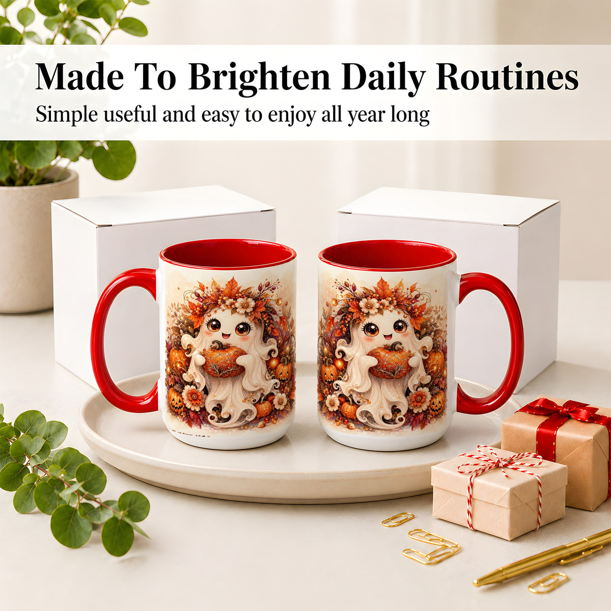 #pl[15oz|Red] Cute Halloween Ghost Accent Mug, Ceramic Mug with Pumpkin Artwork