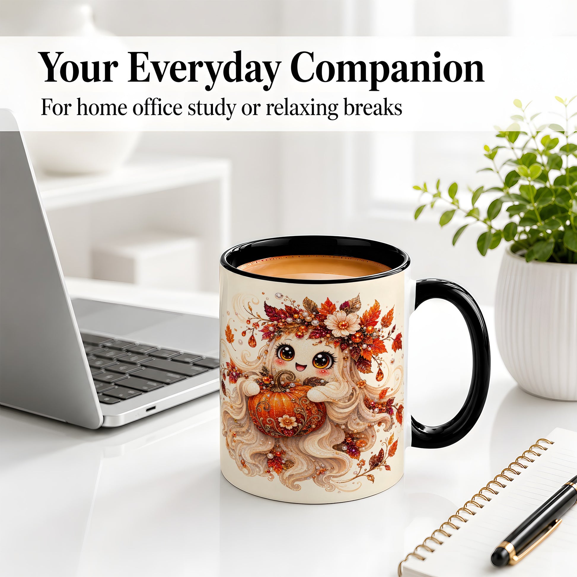 #pl[11oz|Black] Autumn Ghost Accent Mug, Ceramic Mug with Jeweled Pumpkin Artwork