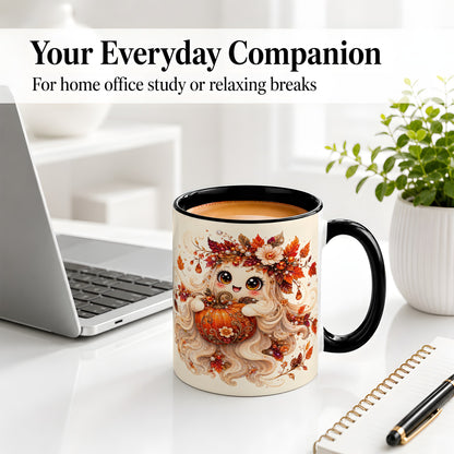 #pl[11oz|Black] Autumn Ghost Accent Mug, Ceramic Mug with Jeweled Pumpkin Artwork