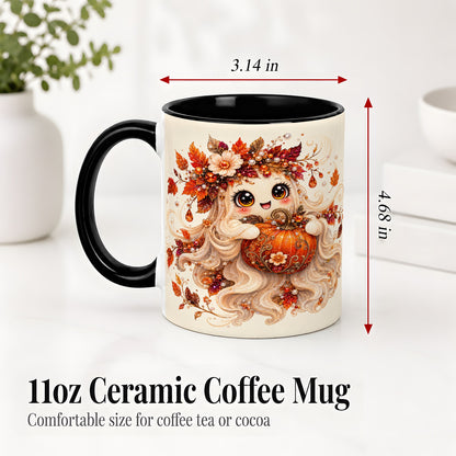 #pl[11oz|Black] Autumn Ghost Accent Mug, Ceramic Mug with Jeweled Pumpkin Artwork