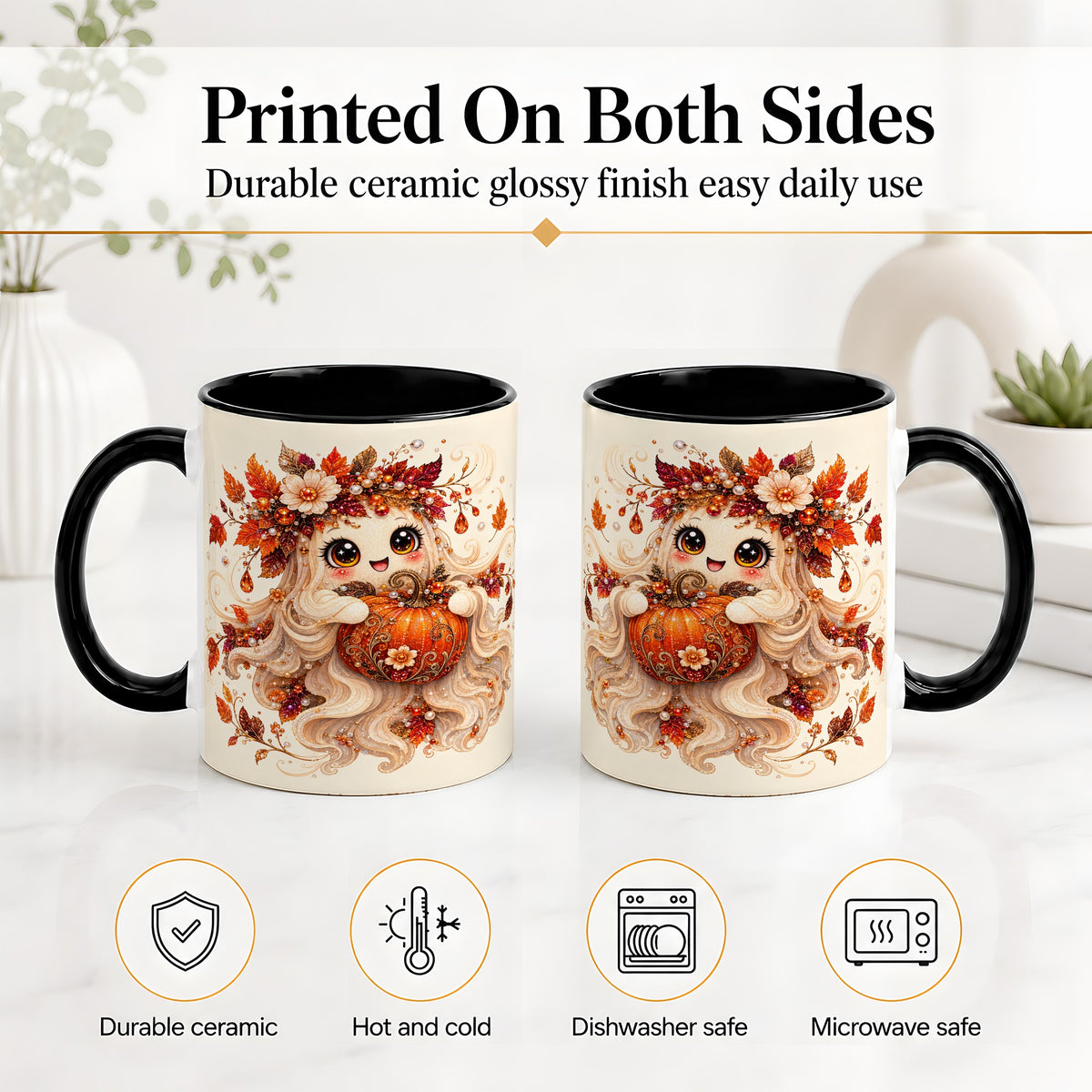 #pl[11oz|Black] Autumn Ghost Accent Mug, Ceramic Mug with Jeweled Pumpkin Artwork