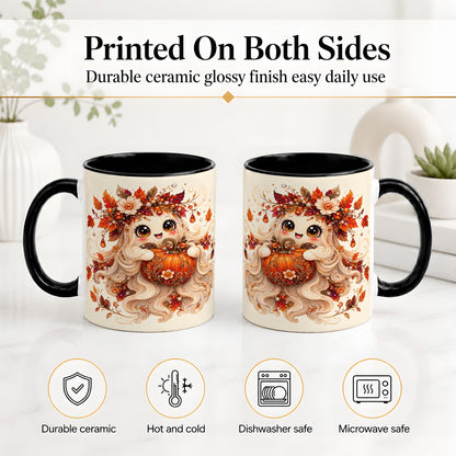 #pl[11oz|Black] Autumn Ghost Accent Mug, Ceramic Mug with Jeweled Pumpkin Artwork