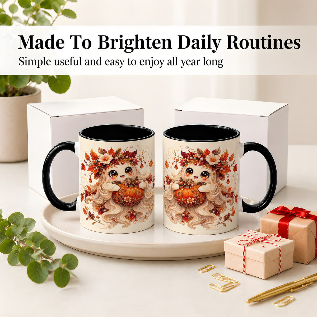 #pl[11oz|Black] Autumn Ghost Accent Mug, Ceramic Mug with Jeweled Pumpkin Artwork