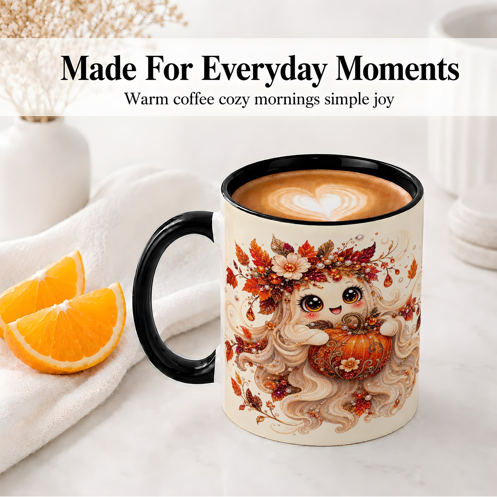 #pl[11oz|Black] Autumn Ghost Accent Mug, Ceramic Mug with Jeweled Pumpkin Artwork