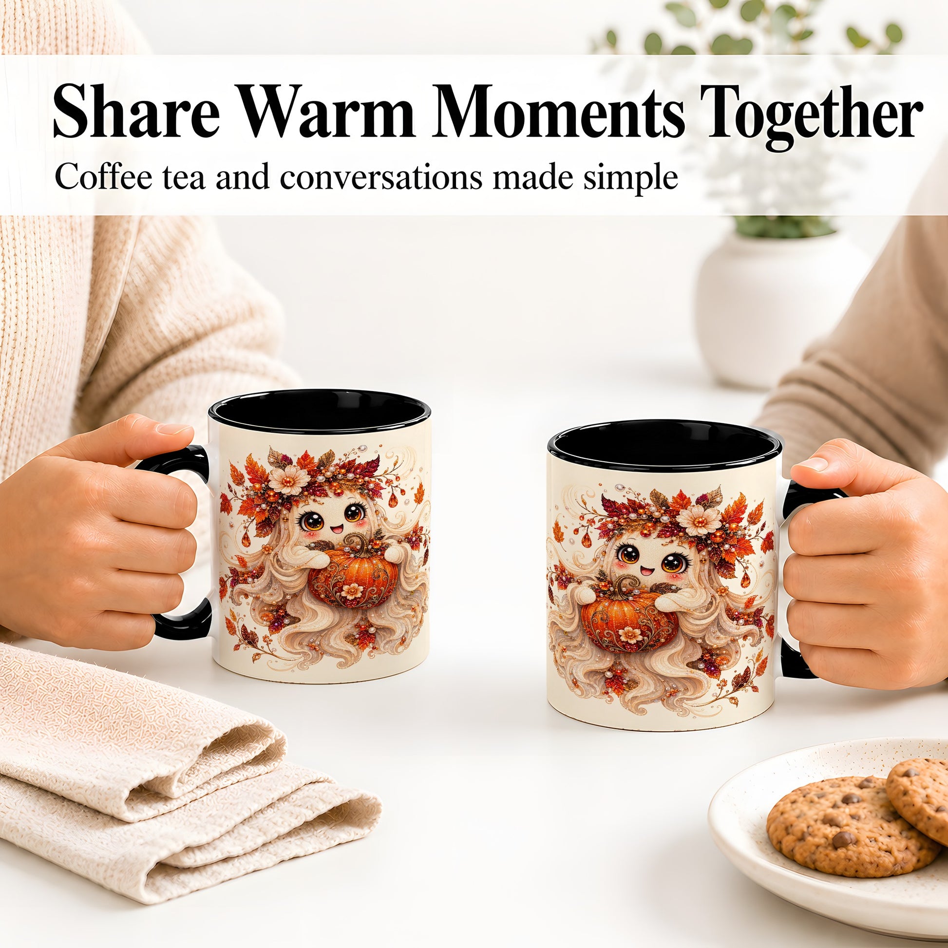 #pl[11oz|Black] Autumn Ghost Accent Mug, Ceramic Mug with Jeweled Pumpkin Artwork