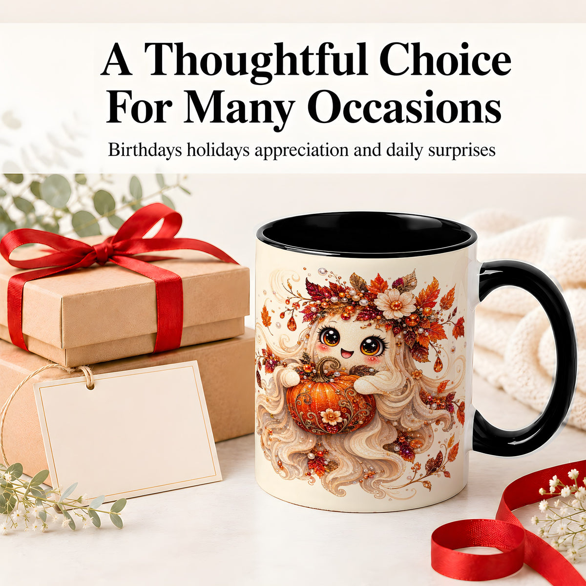 #pl[11oz|Black] Autumn Ghost Accent Mug, Ceramic Mug with Jeweled Pumpkin Artwork