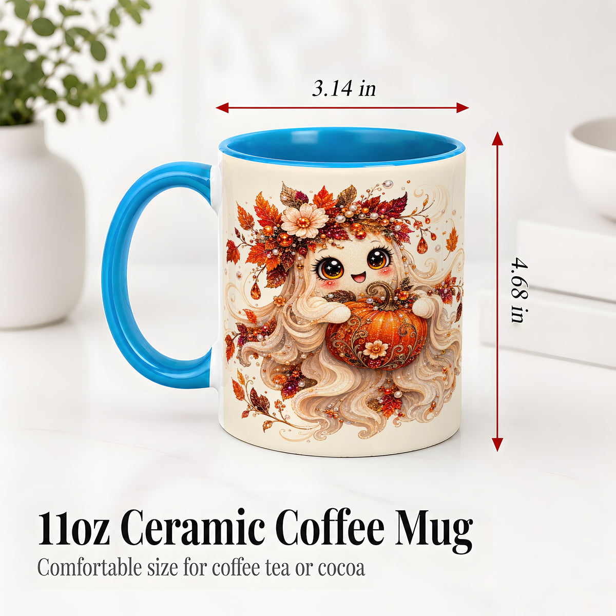 #pl[11oz|Blue] Autumn Ghost Accent Mug, Ceramic Mug with Jeweled Pumpkin Artwork