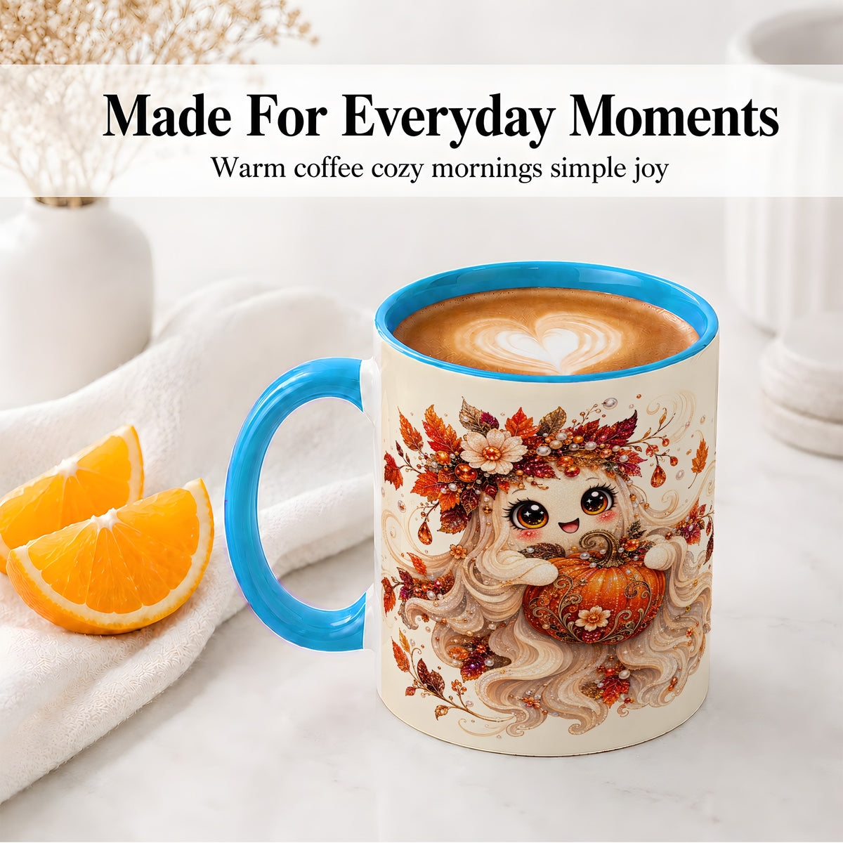 #pl[11oz|Blue] Autumn Ghost Accent Mug, Ceramic Mug with Jeweled Pumpkin Artwork