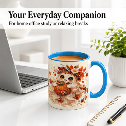 #pl[11oz|Blue] Autumn Ghost Accent Mug, Ceramic Mug with Jeweled Pumpkin Artwork