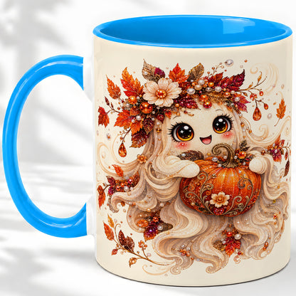#pl[11oz|Blue] Autumn Ghost Accent Mug, Ceramic Mug with Jeweled Pumpkin Artwork