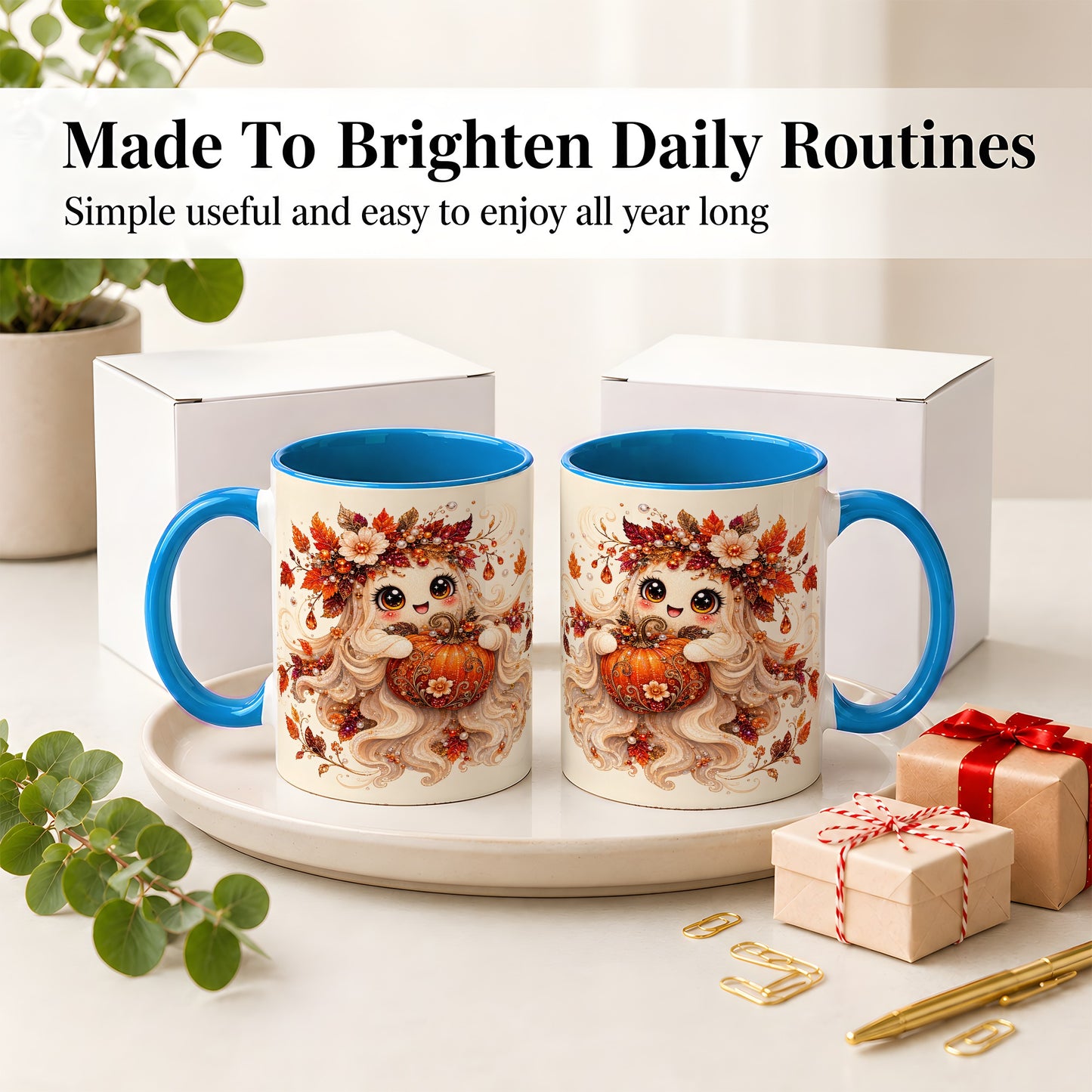 #pl[11oz|Blue] Autumn Ghost Accent Mug, Ceramic Mug with Jeweled Pumpkin Artwork
