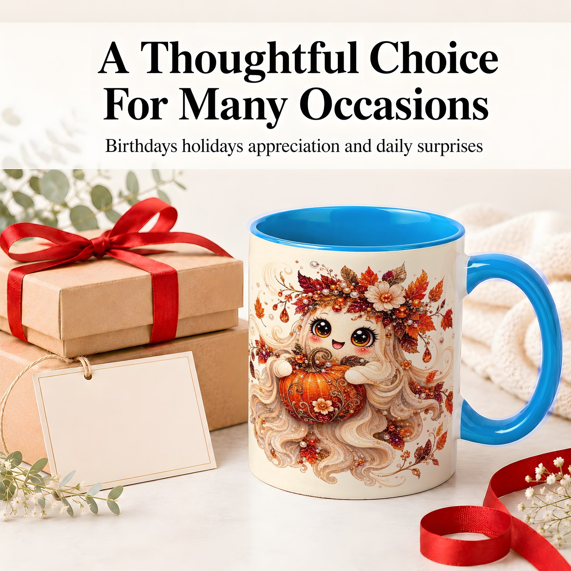 #pl[11oz|Blue] Autumn Ghost Accent Mug, Ceramic Mug with Jeweled Pumpkin Artwork