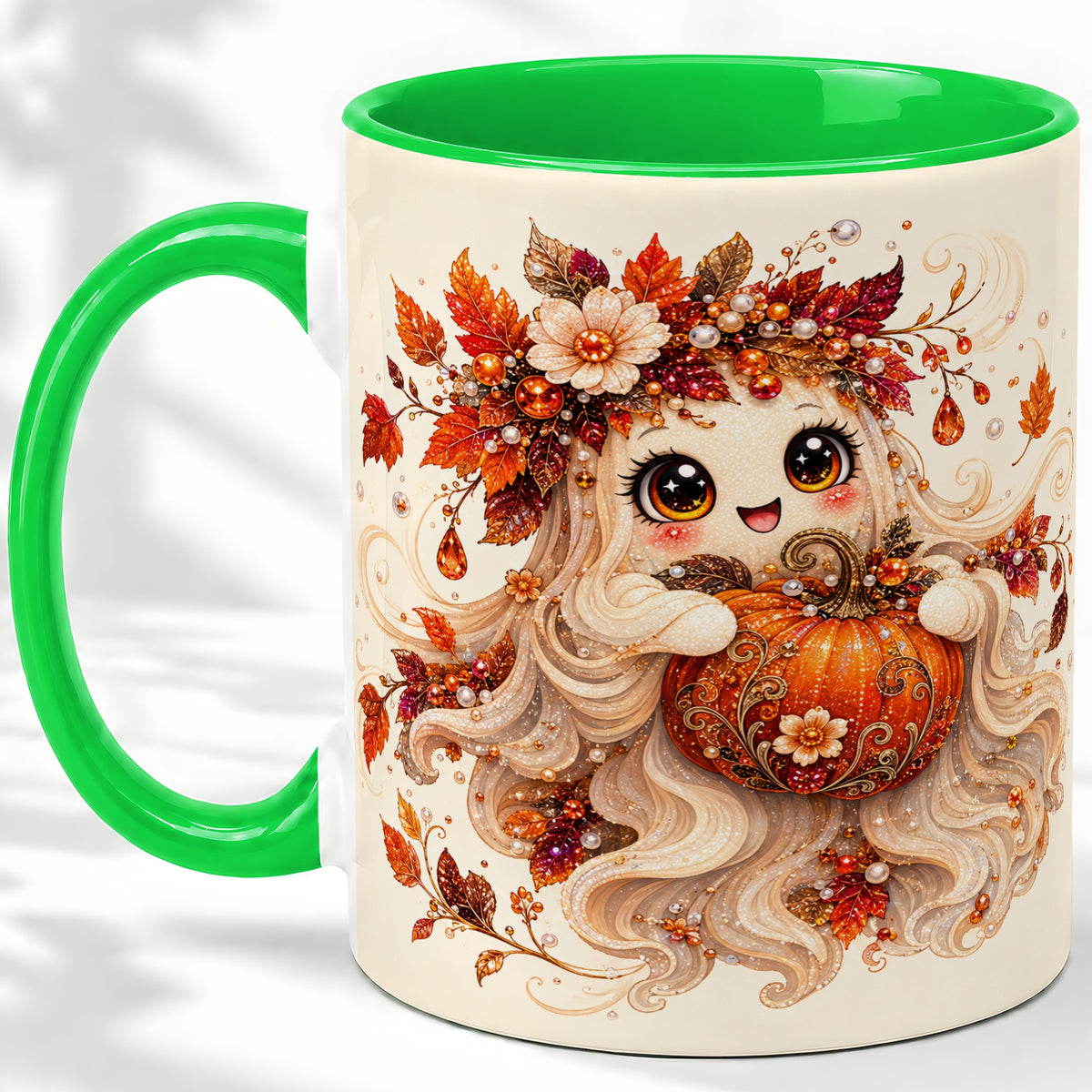 #pl[11oz|Green] Autumn Ghost Accent Mug, Ceramic Mug with Jeweled Pumpkin Artwork