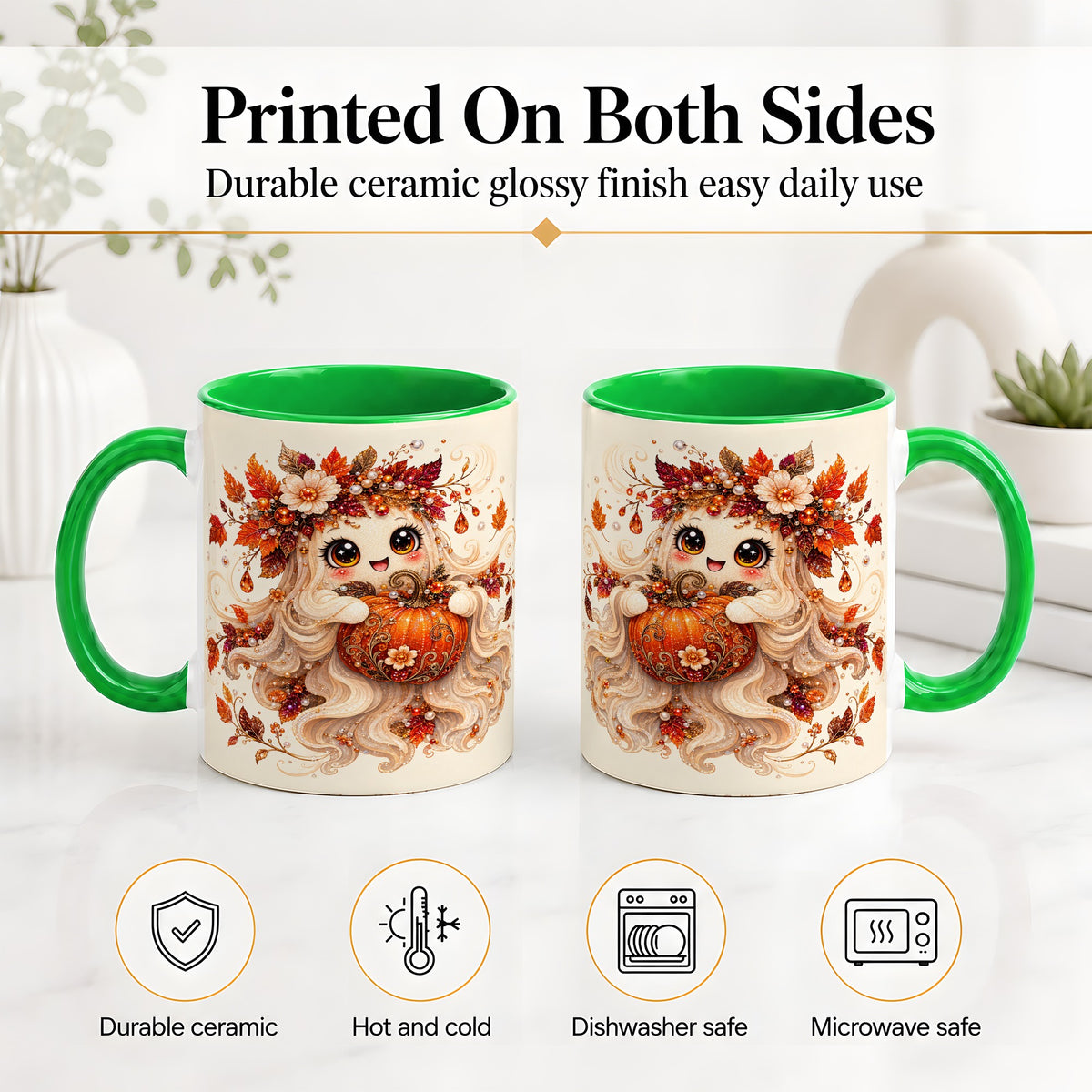 #pl[11oz|Green] Autumn Ghost Accent Mug, Ceramic Mug with Jeweled Pumpkin Artwork