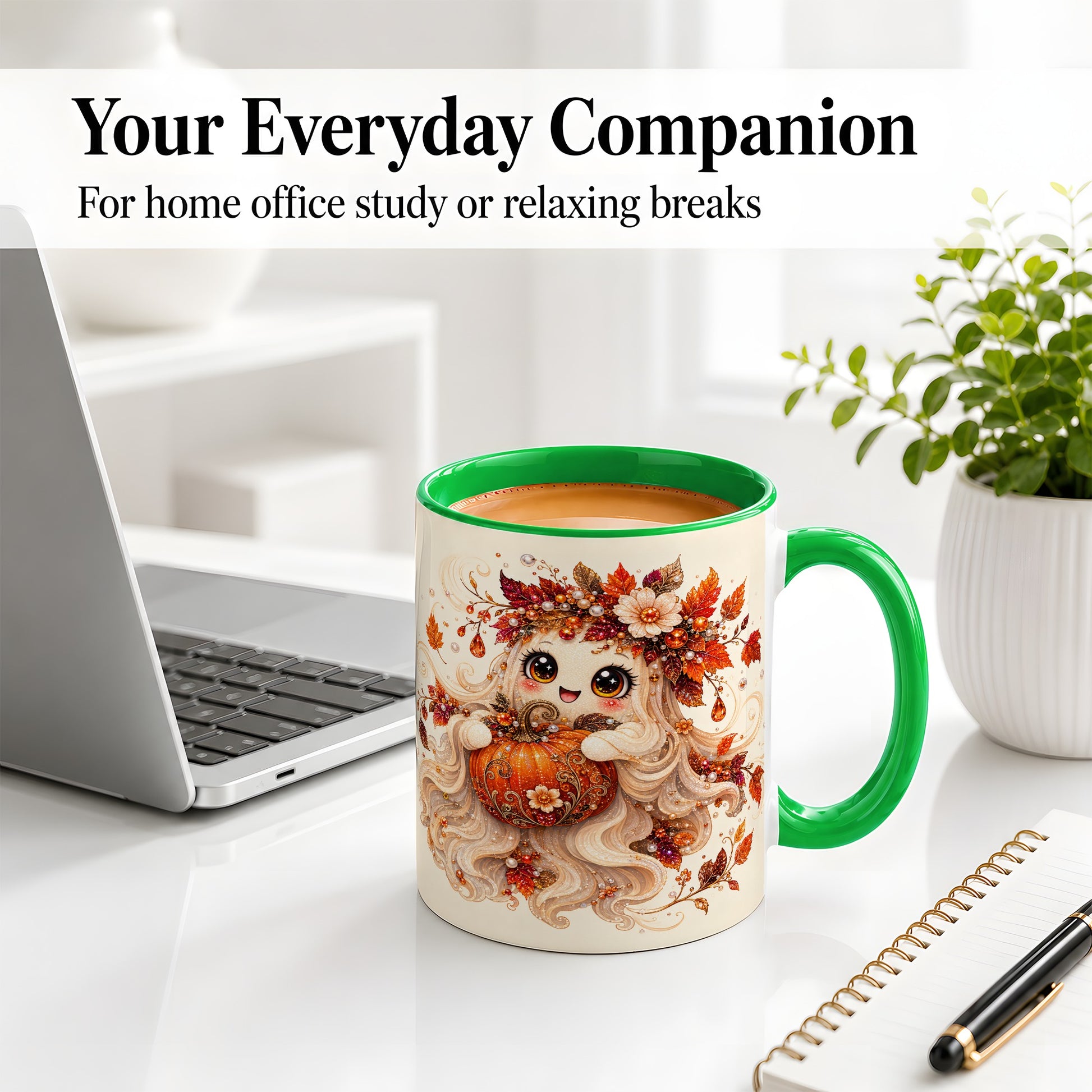 #pl[11oz|Green] Autumn Ghost Accent Mug, Ceramic Mug with Jeweled Pumpkin Artwork